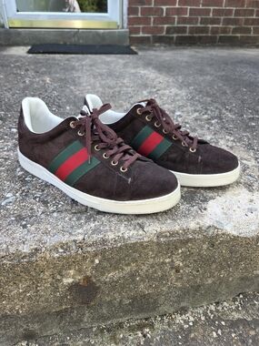 Gucci Brown Suede Sneakers with Red & Green Web Stripe